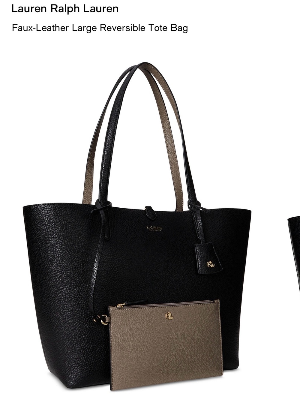 Ralph Lauren Black & Taupe Reversible Faux-Leather Tote with Detachable Pouch